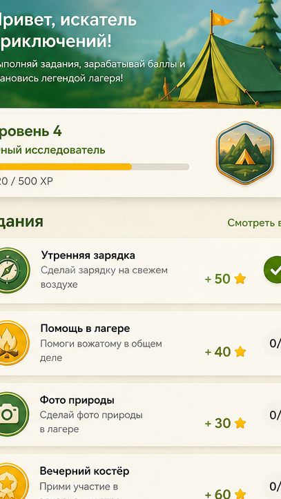 Camp Adventure — главный экран приложения